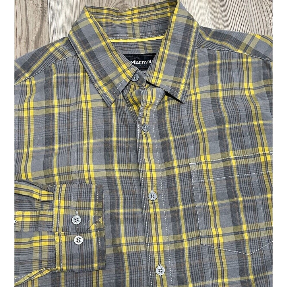 Marmot Mens Medium Gray and Yellow Plaid Long Sleeve Button Up Outdoors Shirt